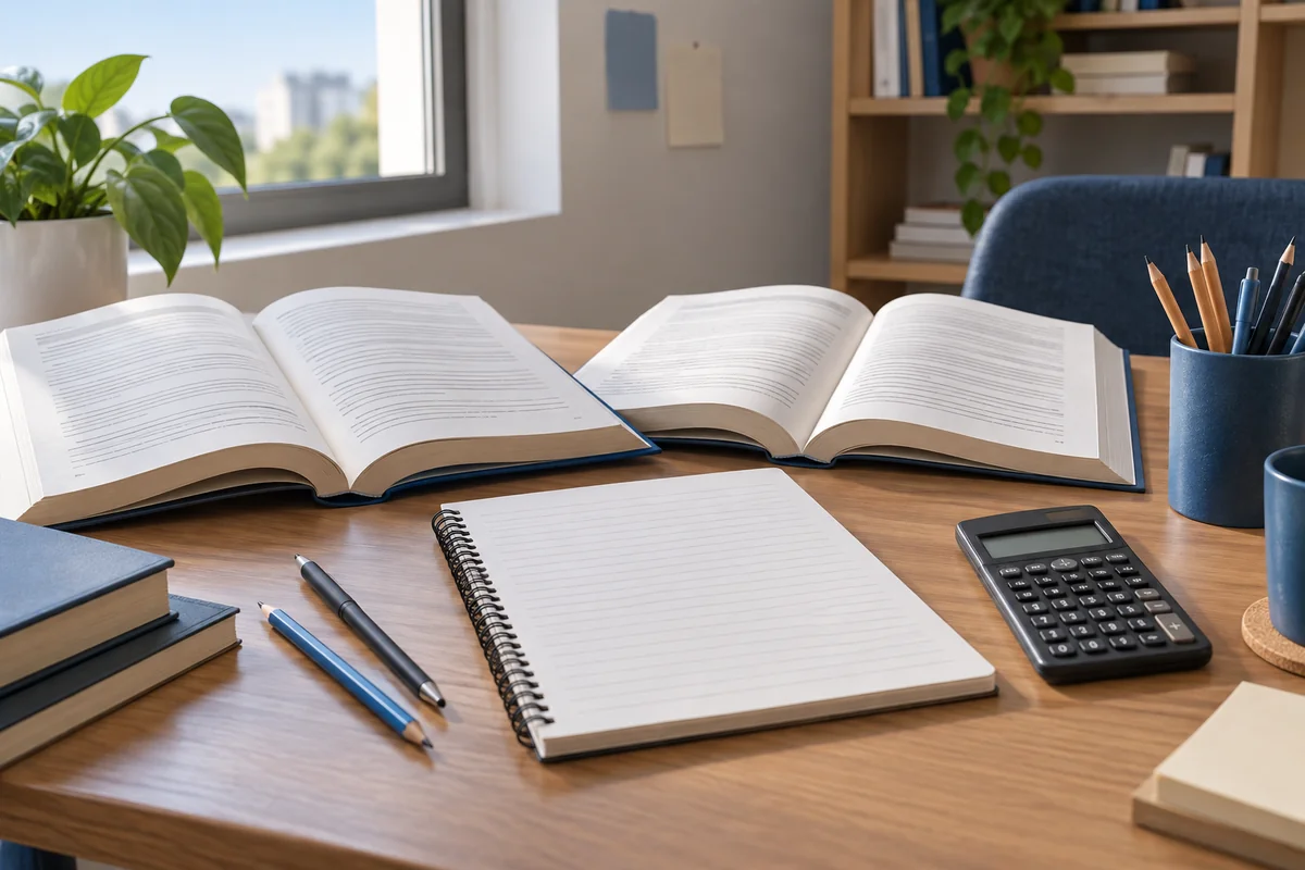 Textbooks, a notebook and calculator for study planning