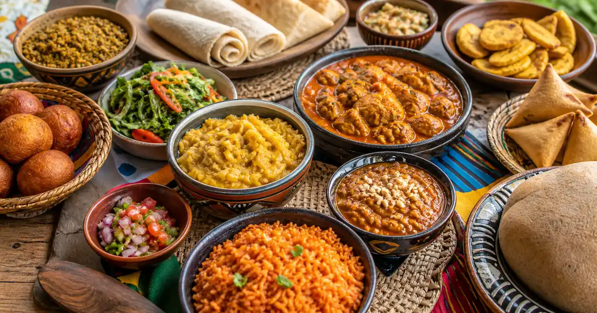 A table with a variety of prepared African dishes