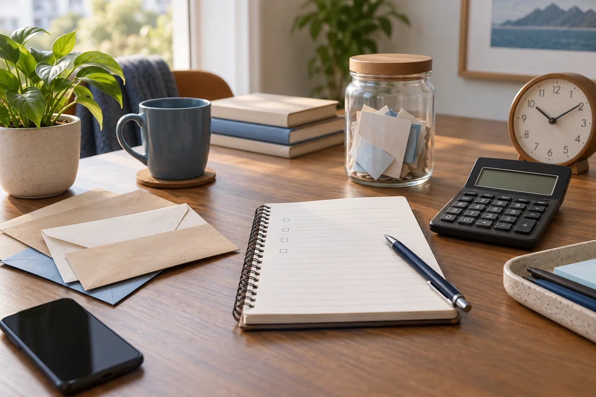 A savings notebook, envelopes and calculator