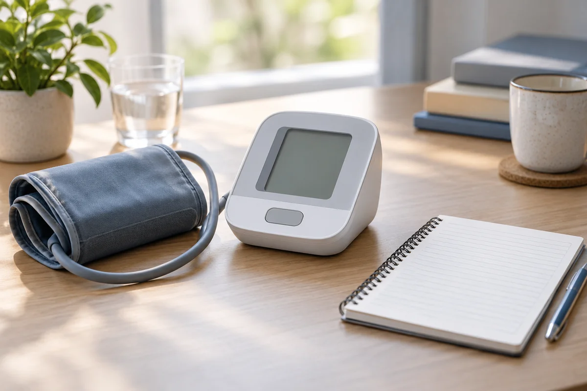 A blood-pressure monitor and a blank health record notebook