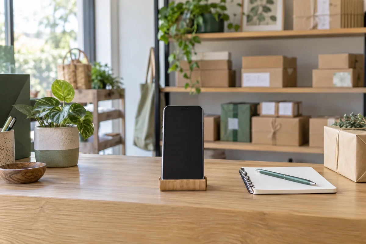 A shop counter with a smartphone and notebook ready for customer enquiries
