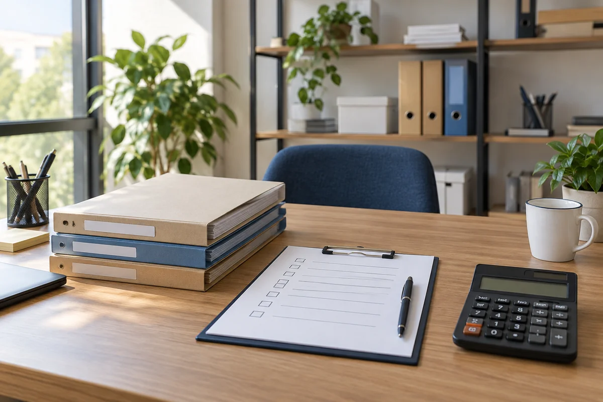A business office prepared for reviewing insurance documents