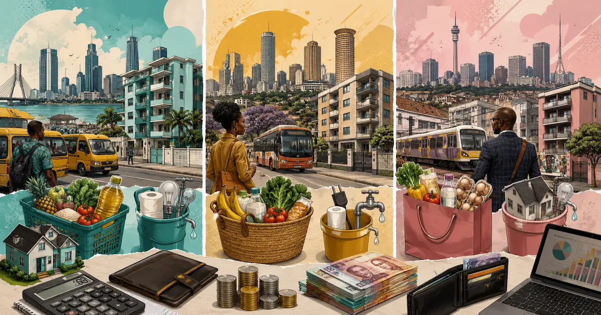 An illustrated comparison of groceries, housing and transport expenses