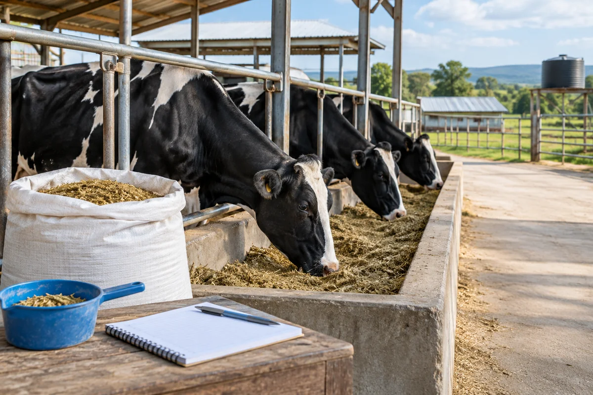 Dairy cows and a feed-planning notebook