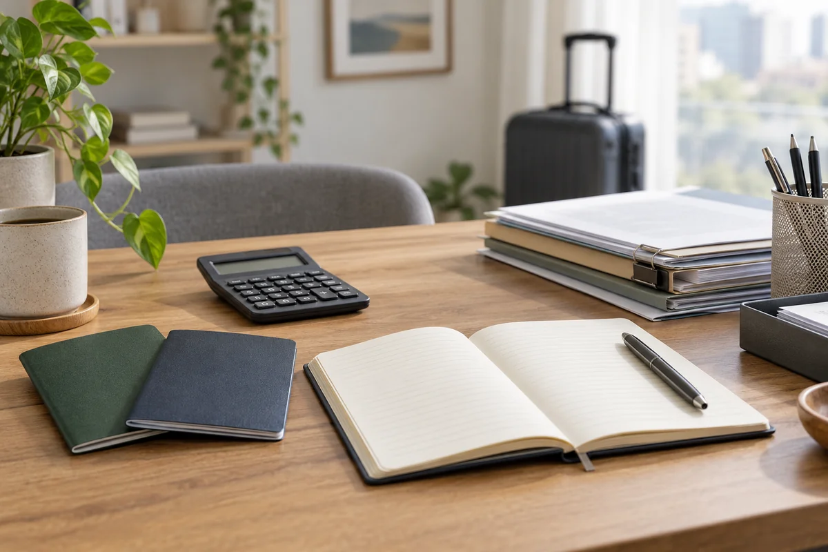 Travel and tax-planning materials beside a notebook and calculator