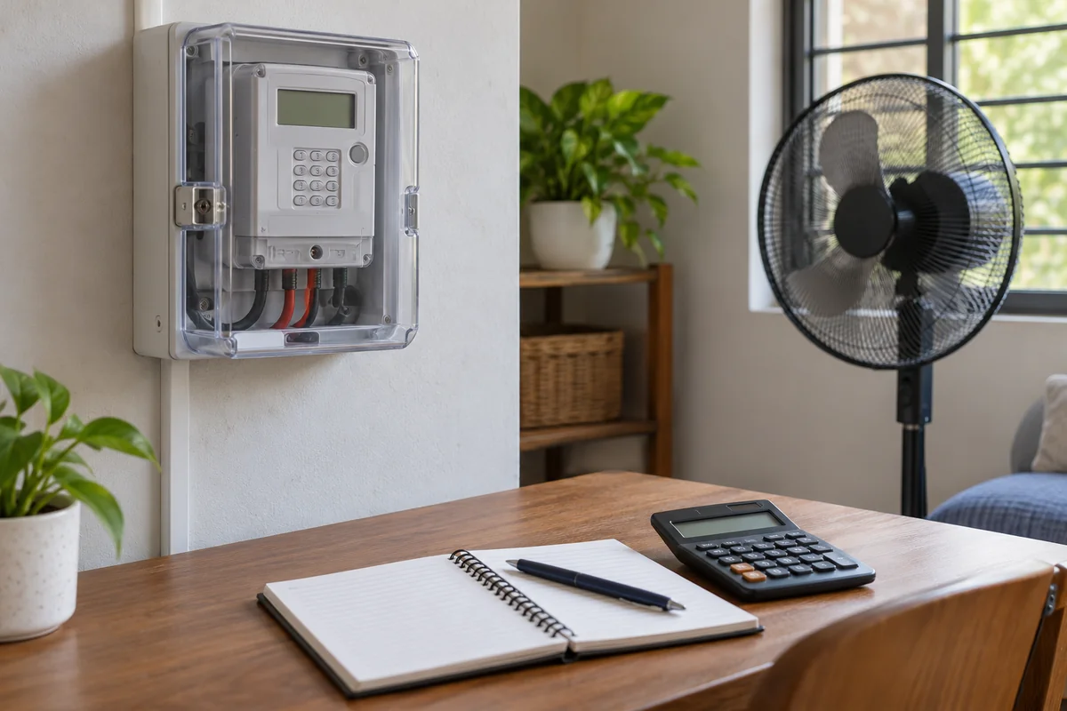 A prepaid meter and notebook for electricity budgeting