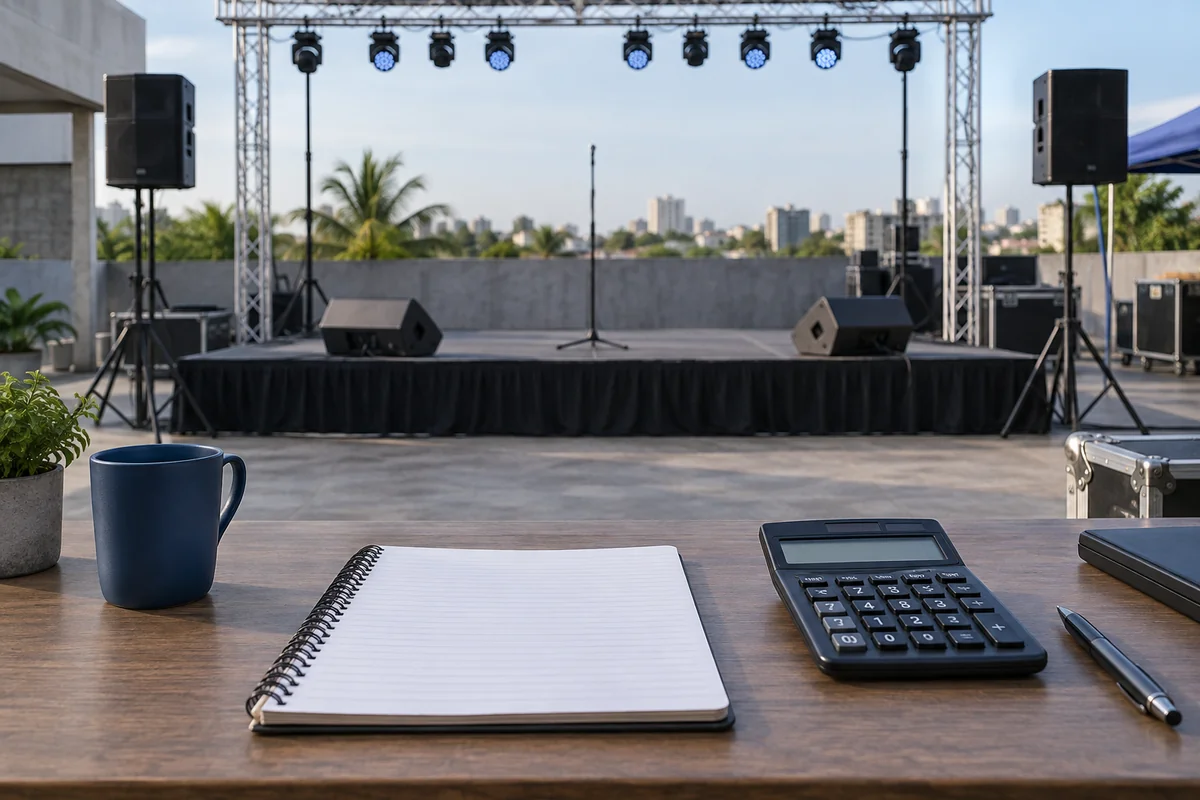 A performance stage and production-planning notebook