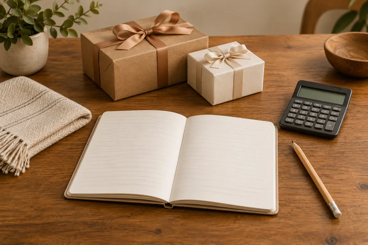 Neutral wrapped gifts beside a blank notebook and calculator