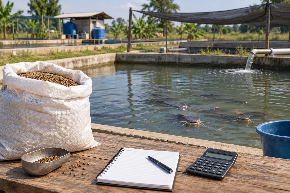A catfish pond with feed and record-keeping materials