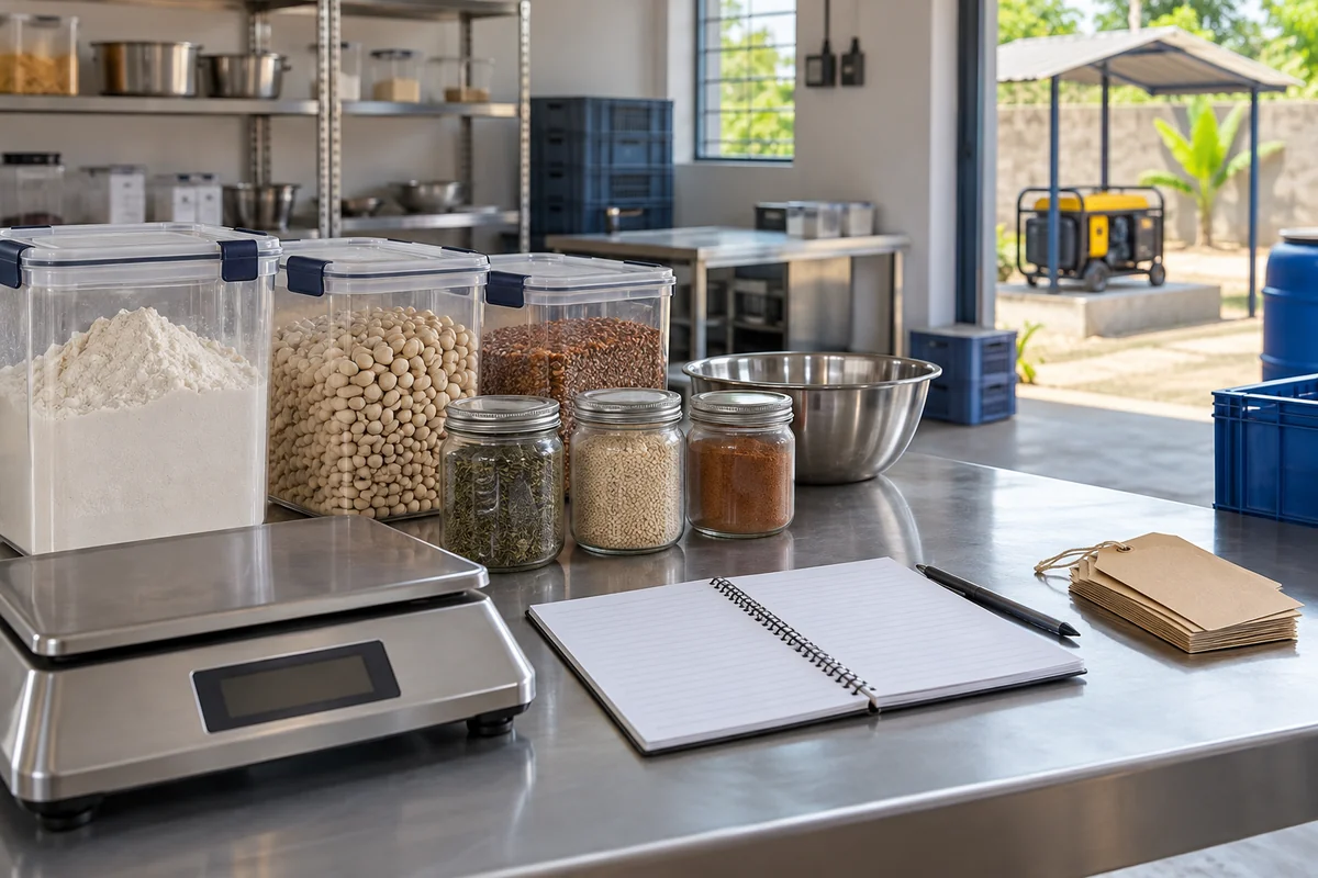 Ingredient containers and a food batch-record notebook