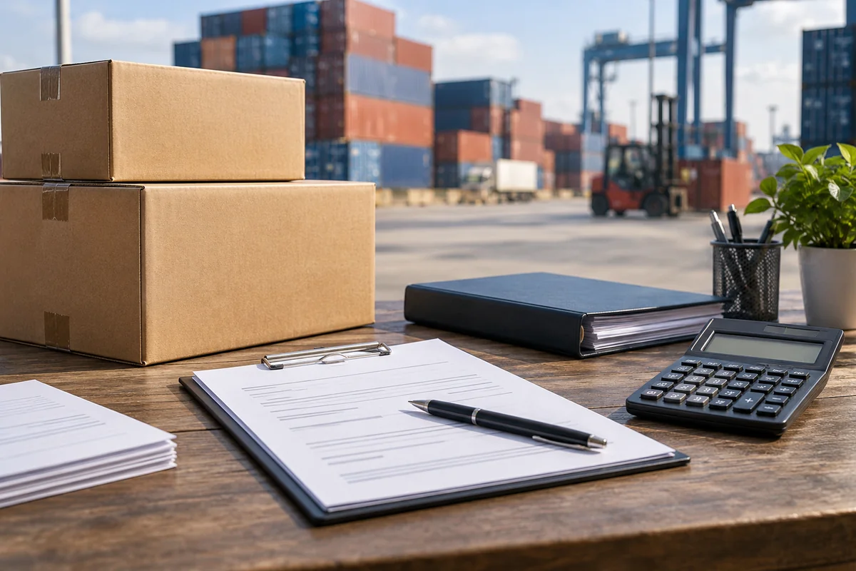 Shipping documents, parcels and a calculator