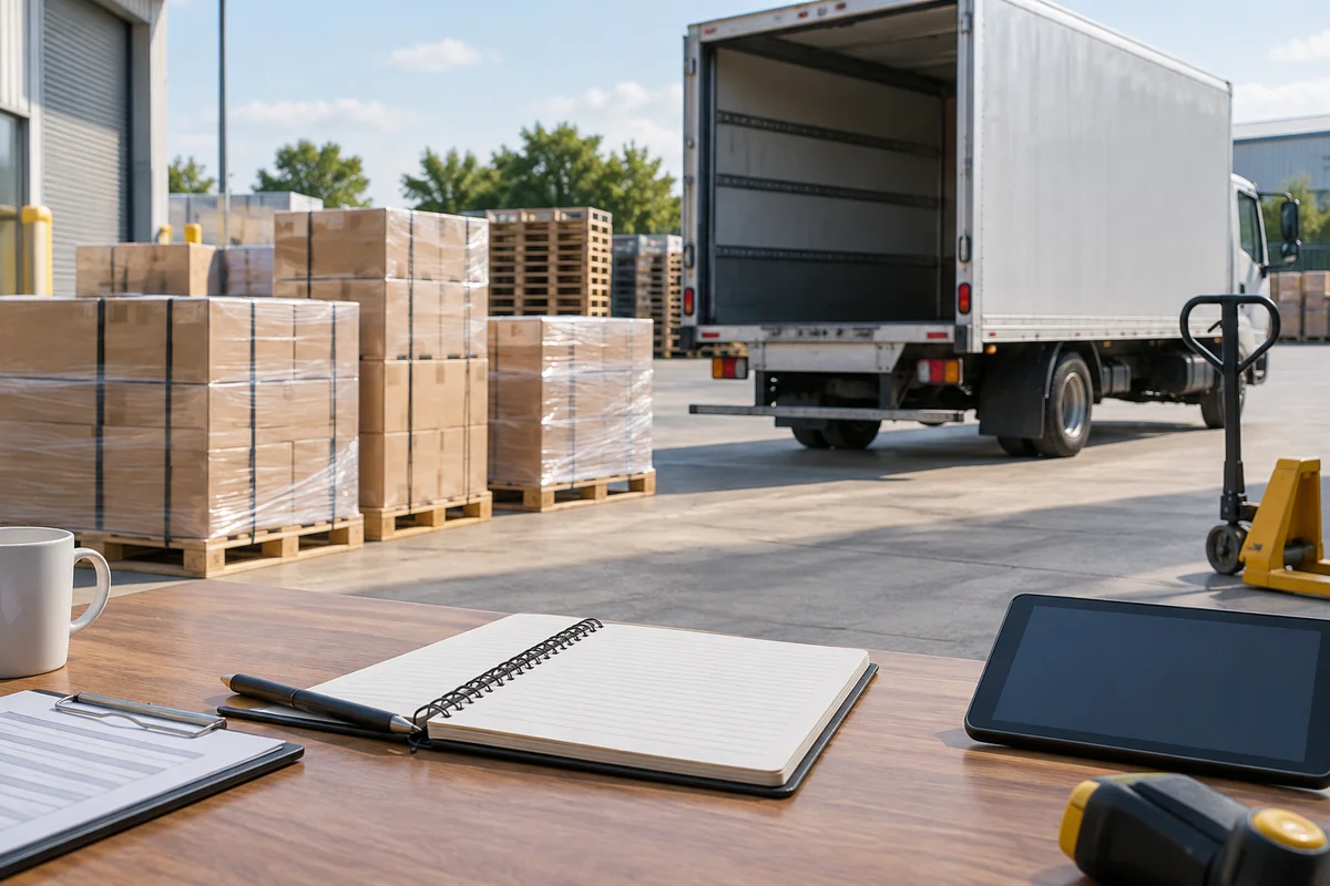 A delivery truck, palletised cargo and planning notes