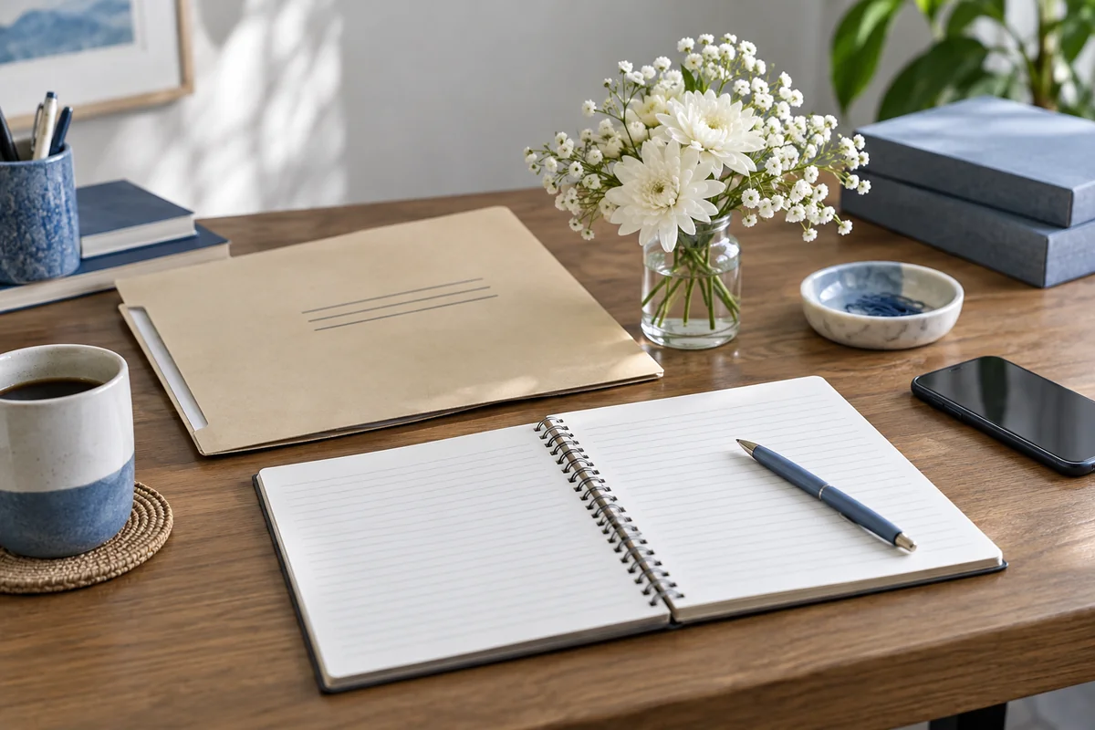 A quiet planning desk with a notebook and flowers