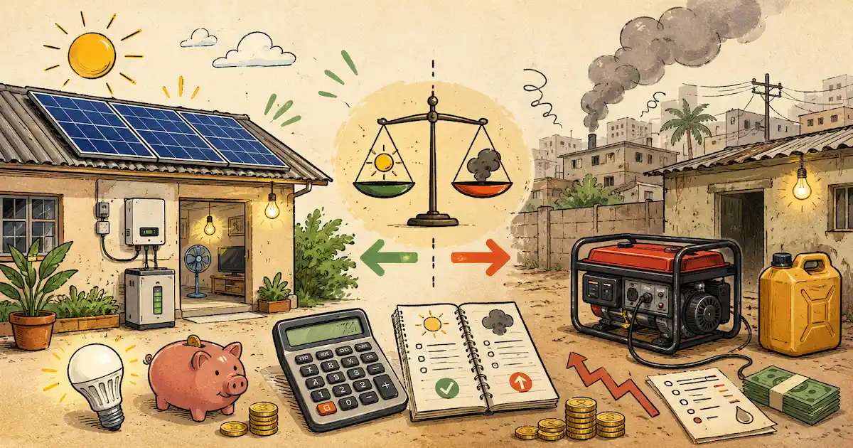 An illustration comparing a home solar system and a portable generator