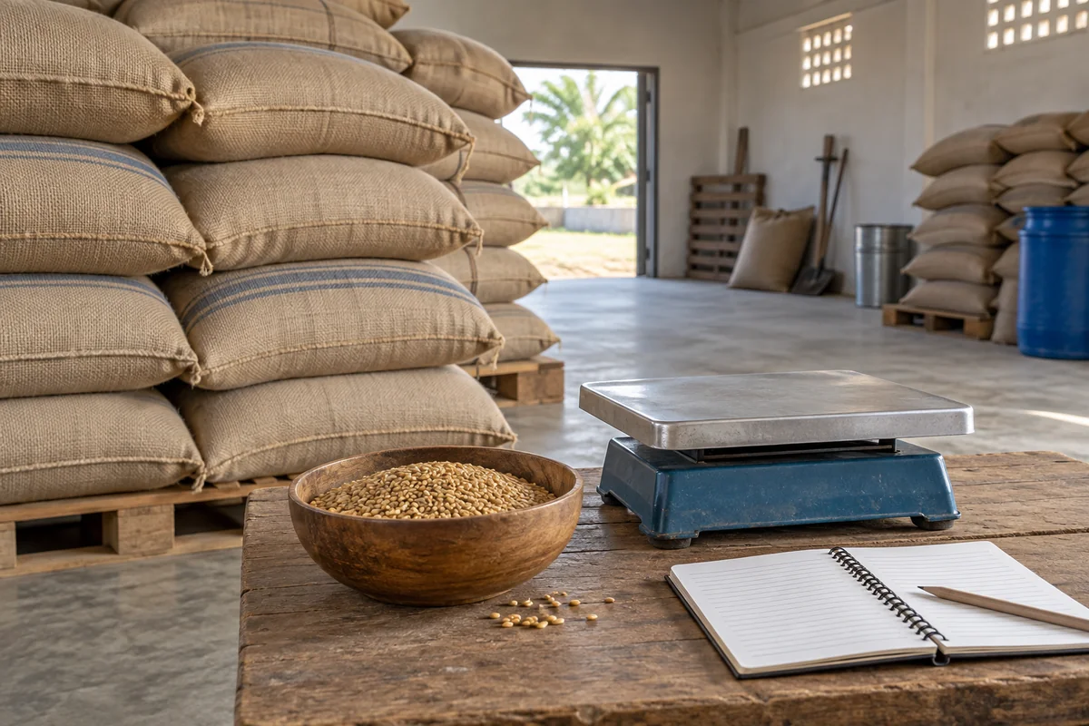 Stored grain, a scale and a record book