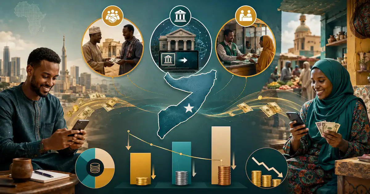 An illustration of people and intermediaries exchanging money across borders