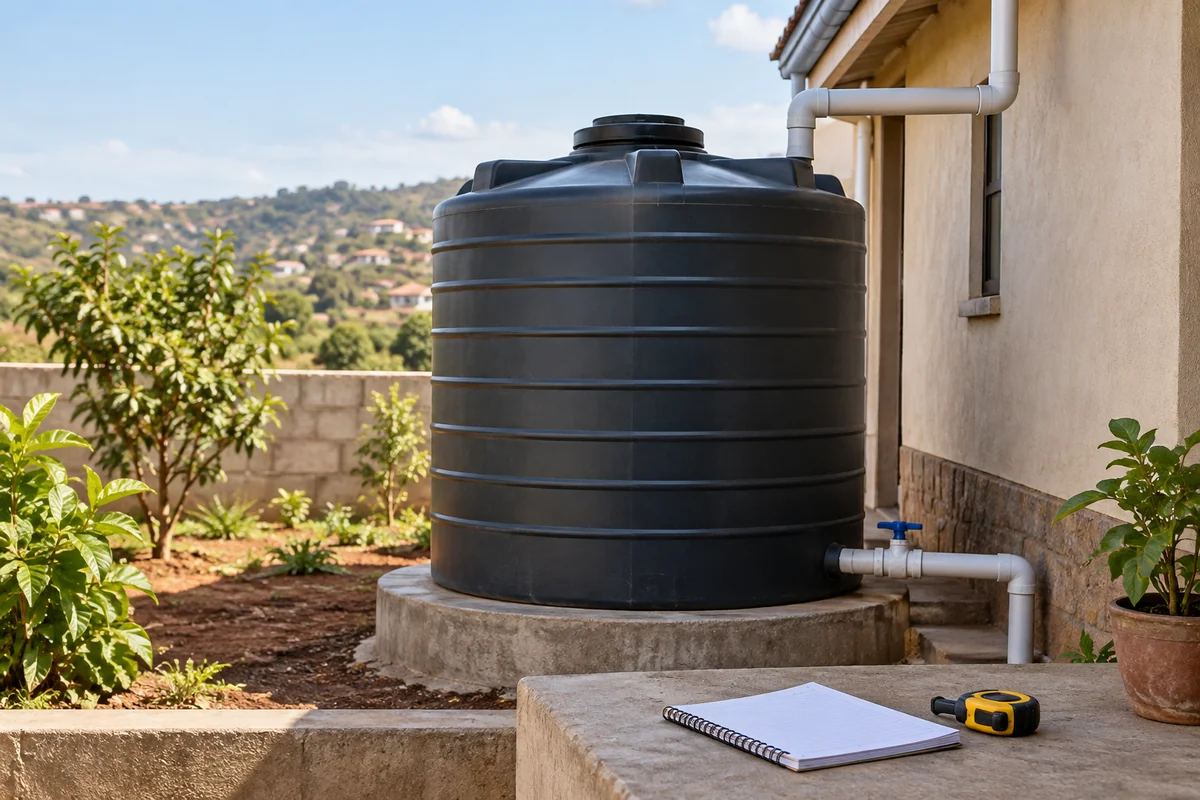 A household water tank and planning notebook