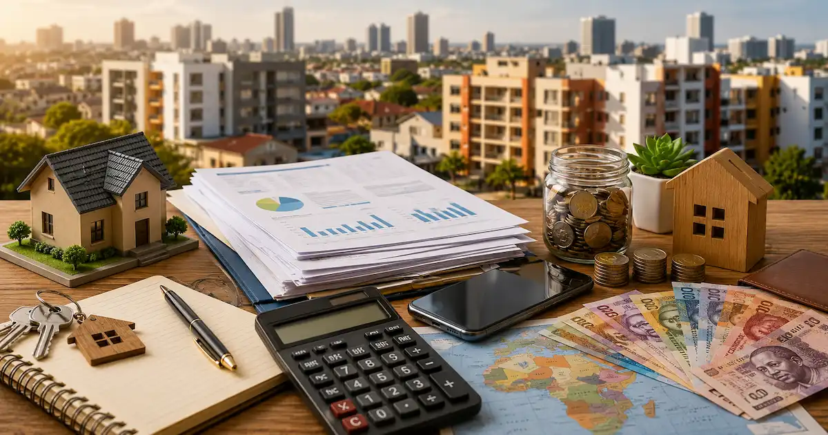 Model houses, keys and a calculator beside housing-finance planning documents