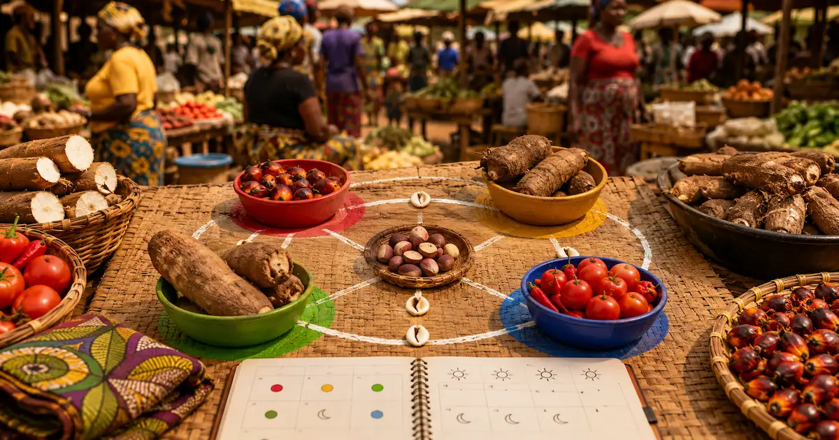Market produce and a notebook with a symbolic market-day cycle