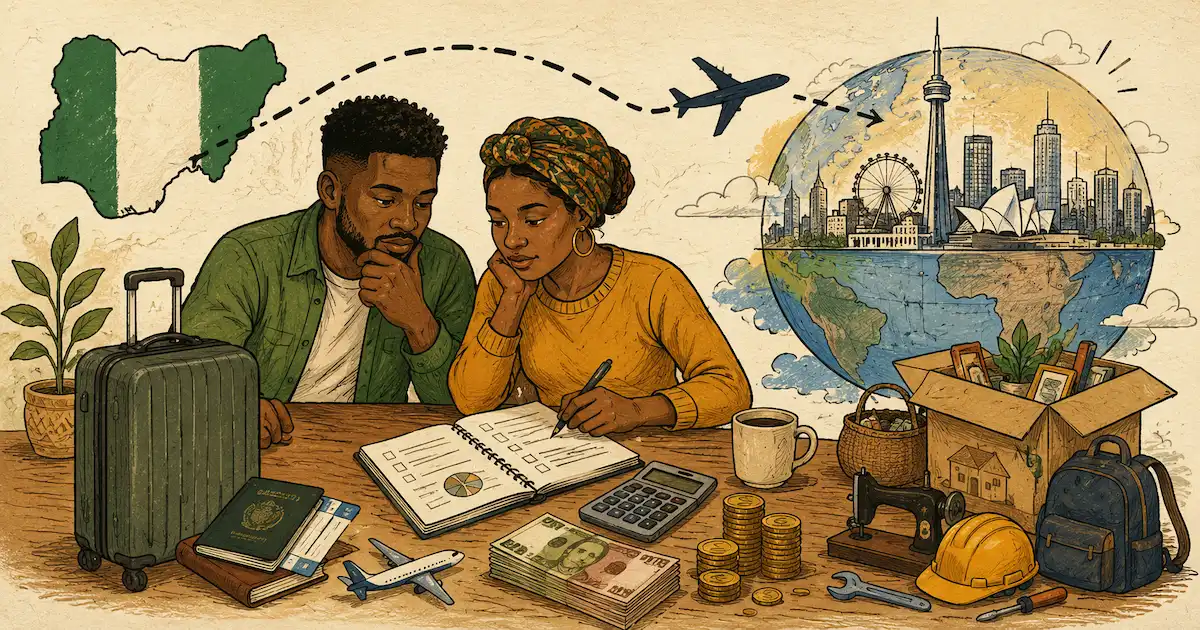 A couple planning a move with luggage, paperwork and a calculator