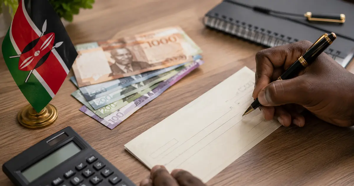 A person writing beside a calculator and Kenyan currency imagery