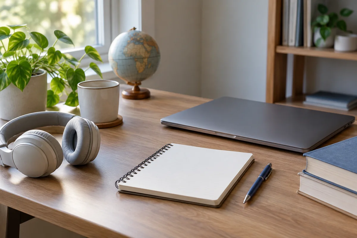A language-learning desk with headphones and a notebook