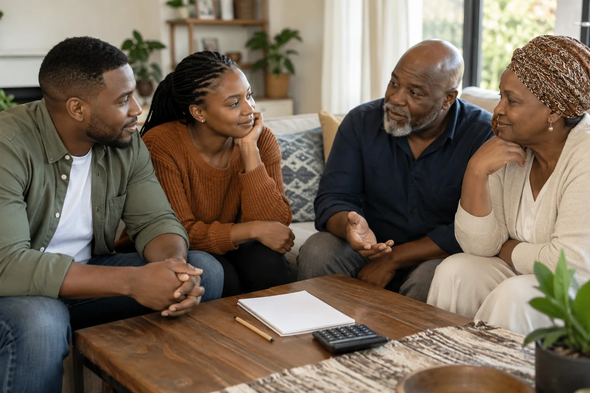 Adult family members discussing plans around a notebook and calculator