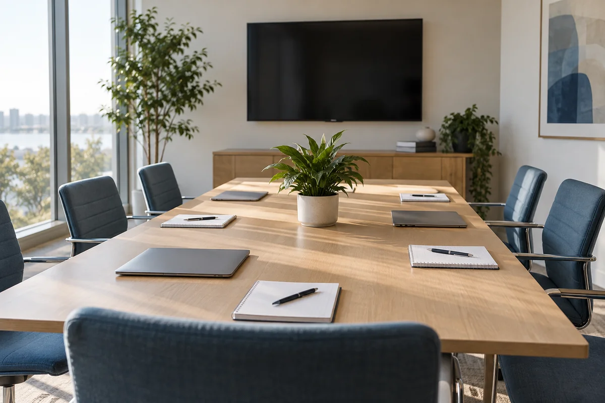A meeting table prepared with notebooks and pens