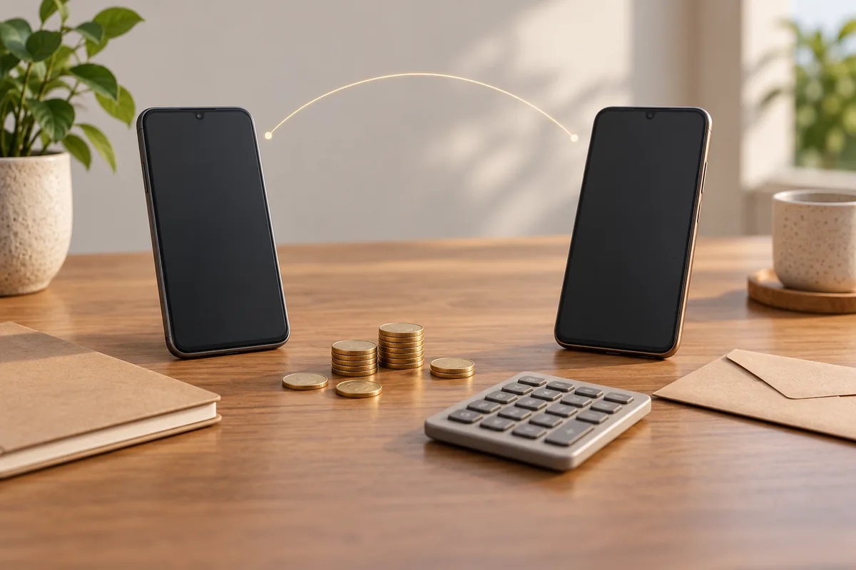 Deux téléphones aux écrans vierges, avec des pièces génériques et une calculatrice