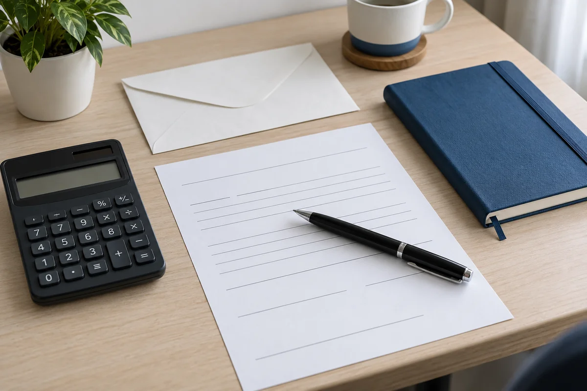 A pen, blank payment form and calculator on a desk