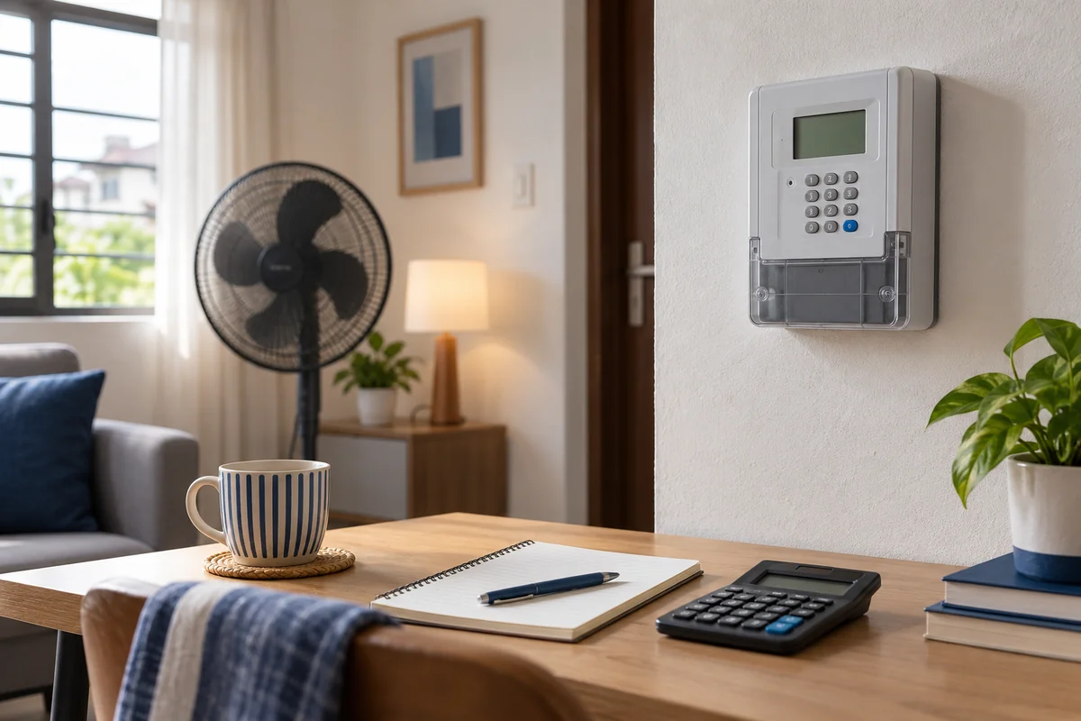 A prepaid electricity meter, household fan and lamp beside a notebook and calculator