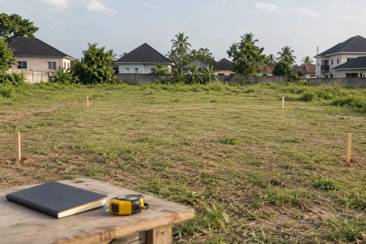 A residential plot with survey pegs beside a measuring tape and blank notebook