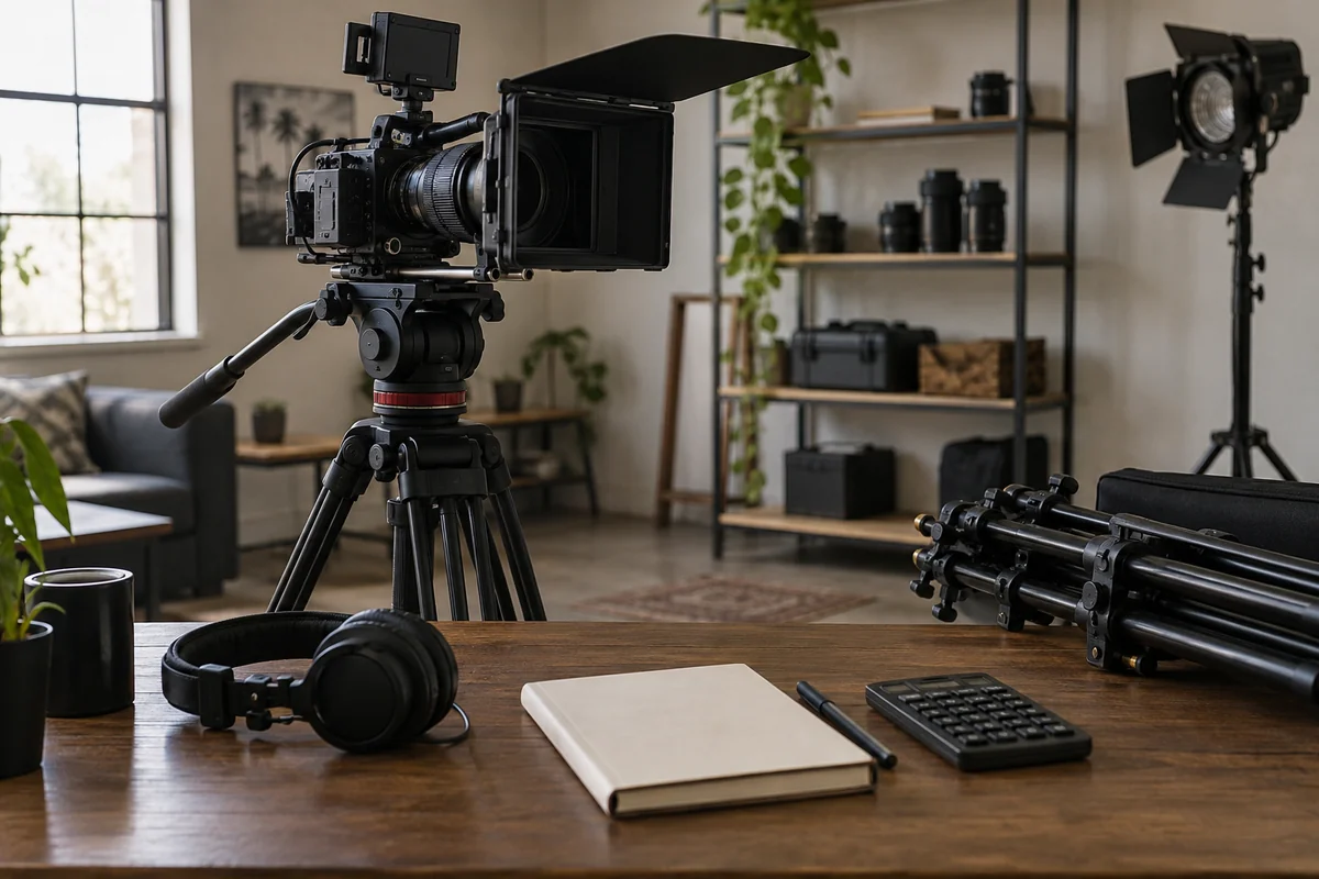 A cinema camera, lighting equipment, notebook and calculator in a production workspace