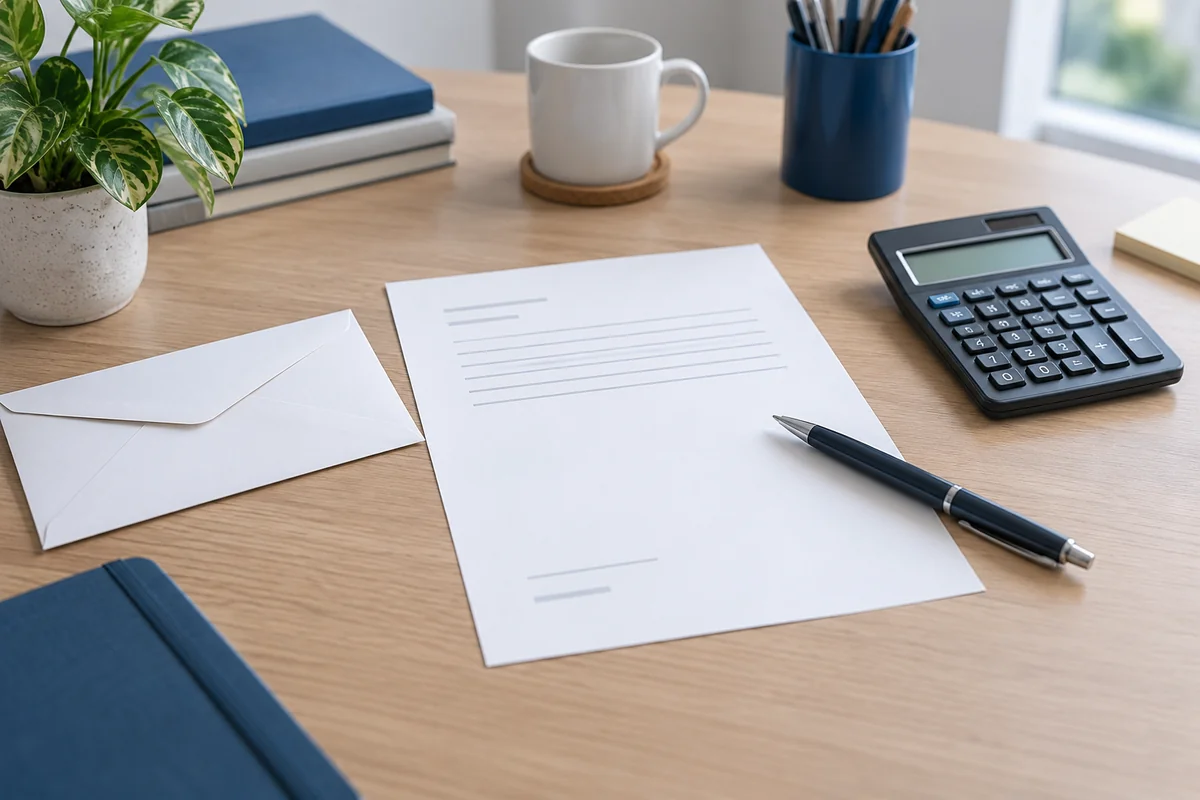 A blank letter, envelope and calculator for organising records