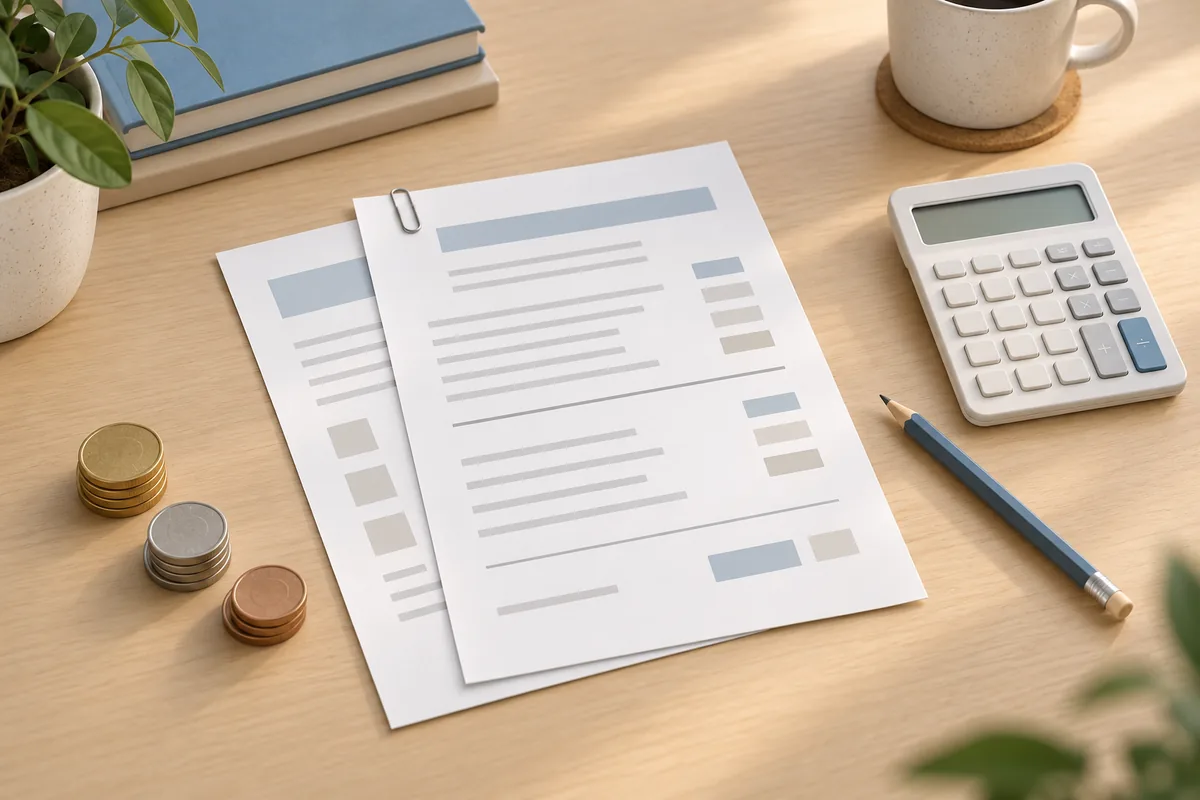 Documents de paie abstraits, calculatrice sans montant affiché et pièces génériques