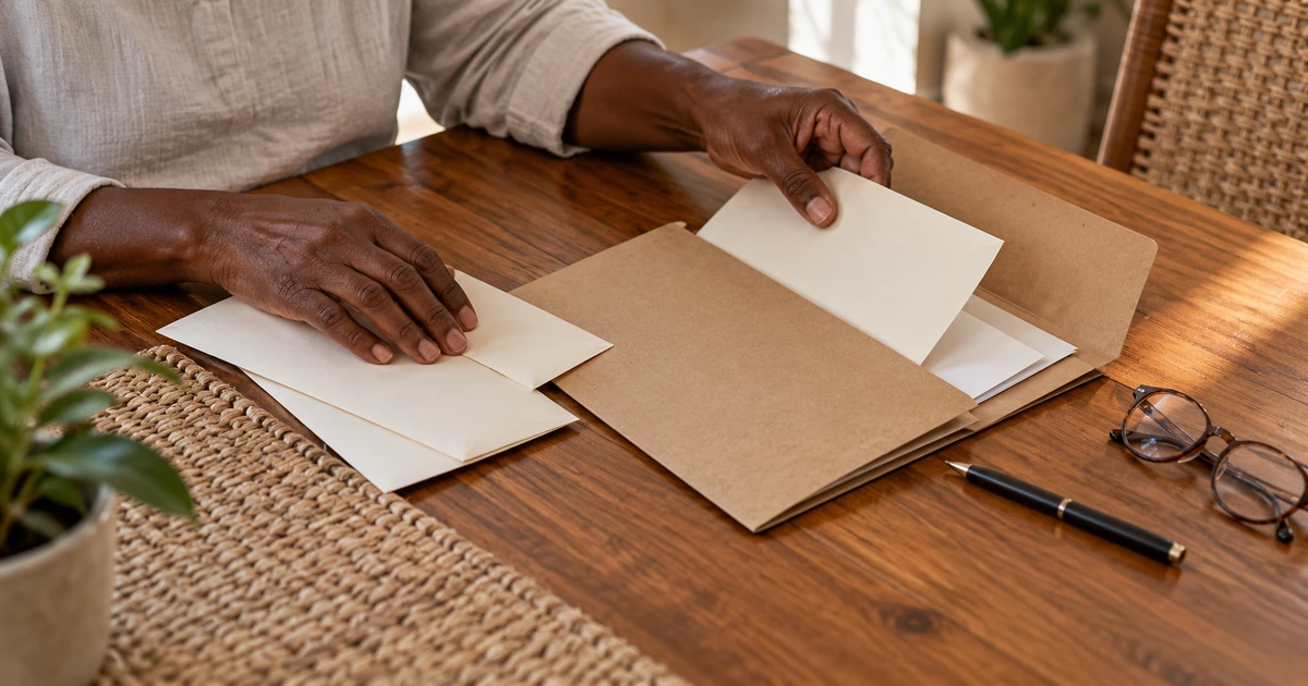 Person organizing blank papers at a desk for retirement planning