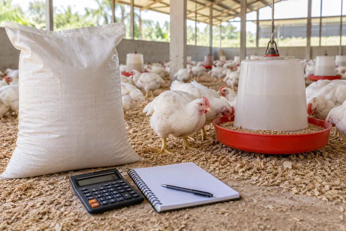 Broiler chickens, feed and a farm record book