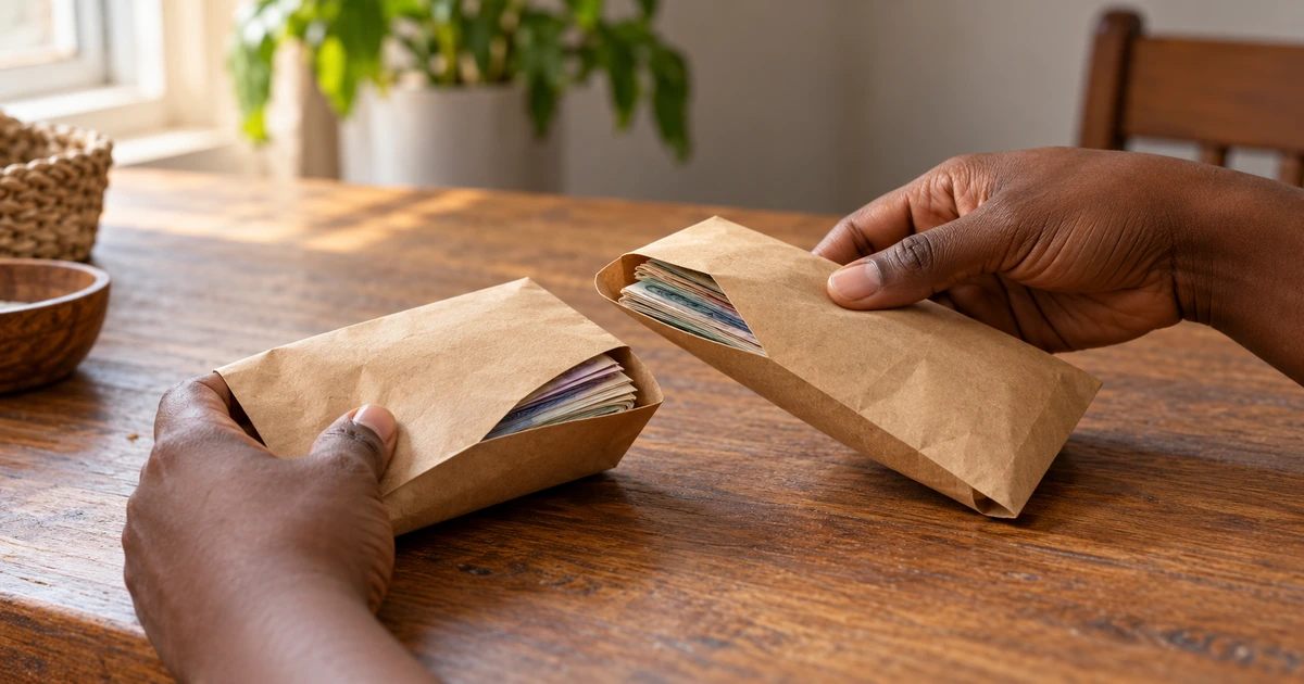 Two unmarked cash envelopes being compared on a desk