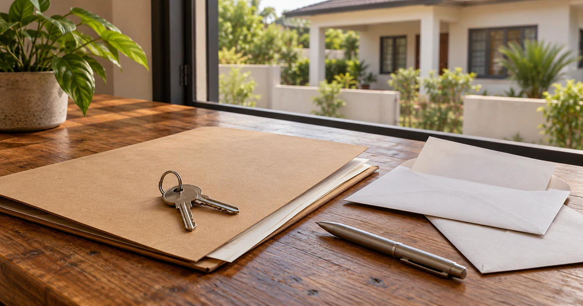 House keys and blank property paperwork on a desk overlooking a home