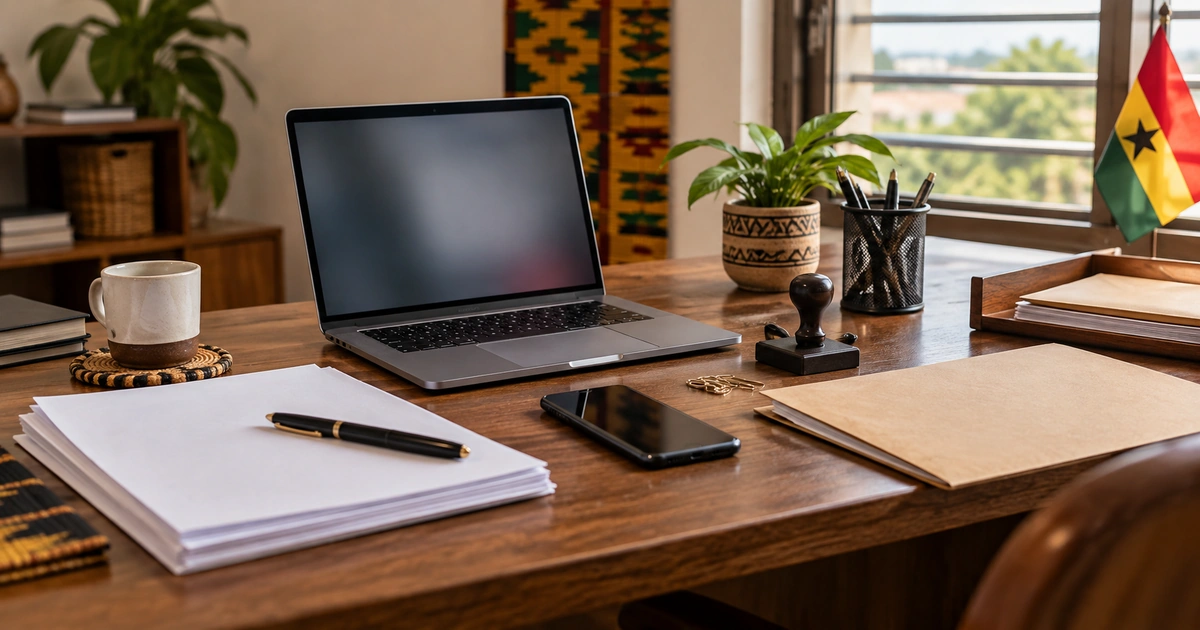 Ghanaian business desk with blank paperwork, laptop, and Ghana flag