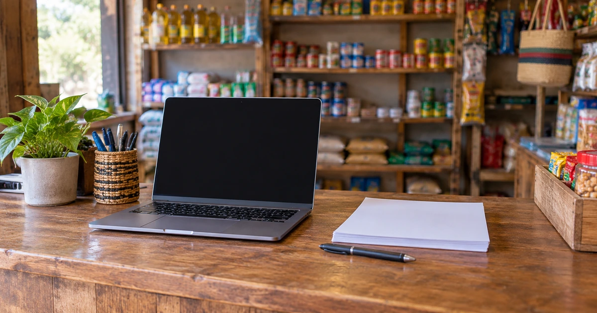 Blank laptop and papers on a small shop counter in Kenya