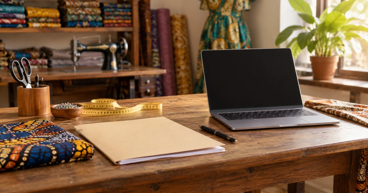 Blank registration paperwork and laptop on a Nigerian tailoring shop worktable