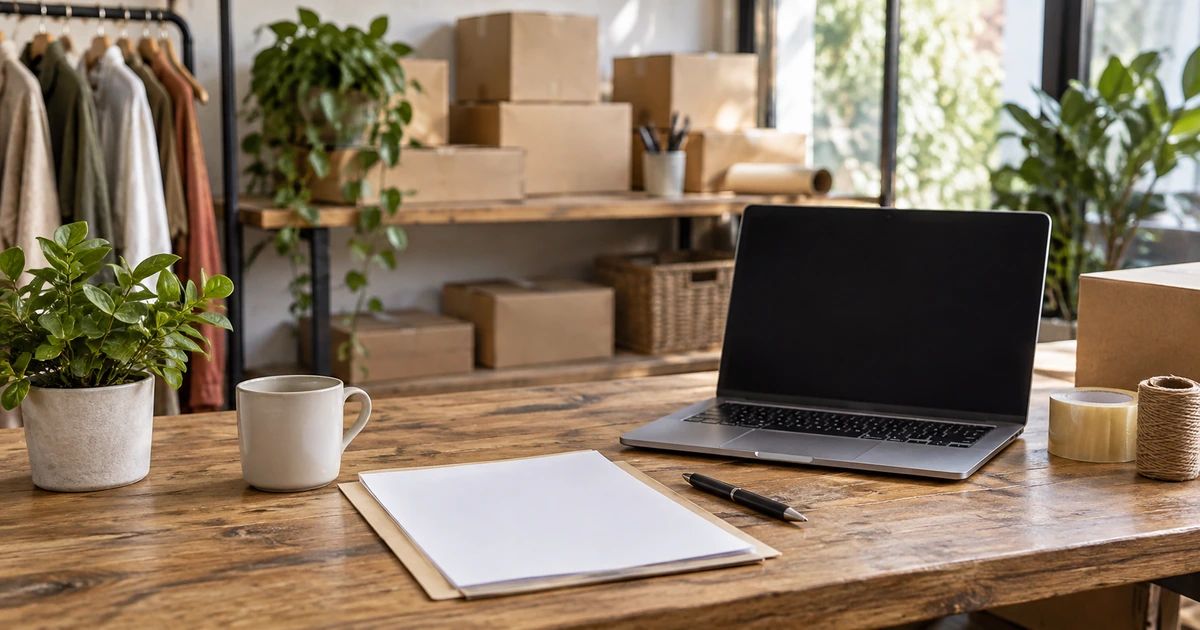 Blank company paperwork and laptop at a South African small-business packing workspace