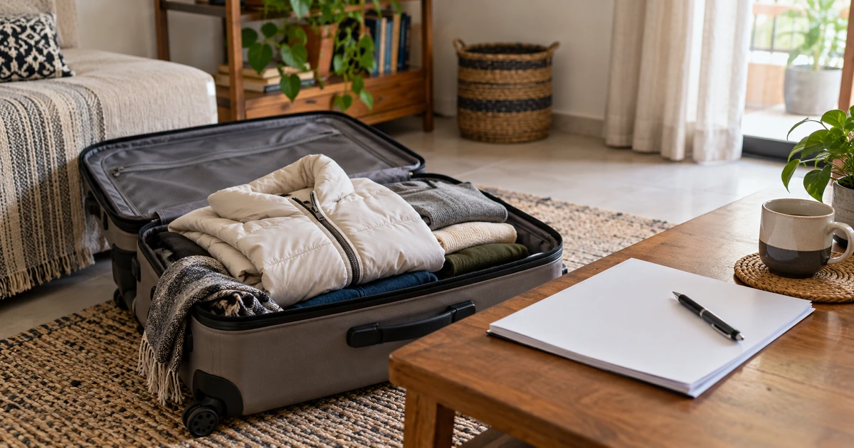 Suitcase with warm clothing and blank planning papers in a Kenyan home