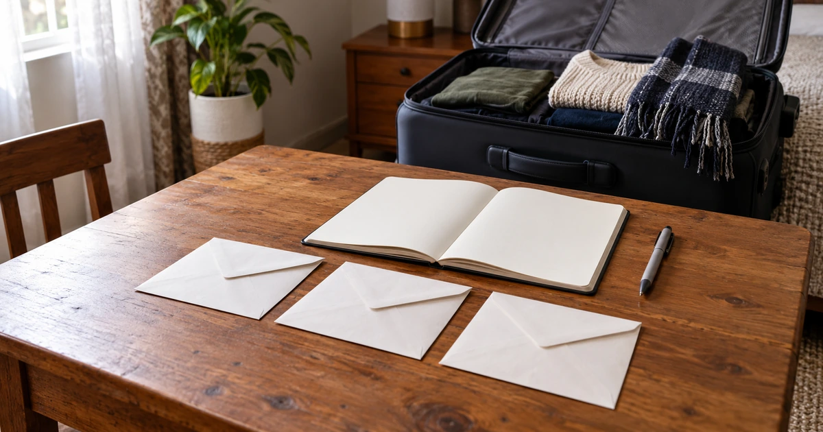 Blank budget notebook and envelopes beside a packed suitcase in a Nigerian home