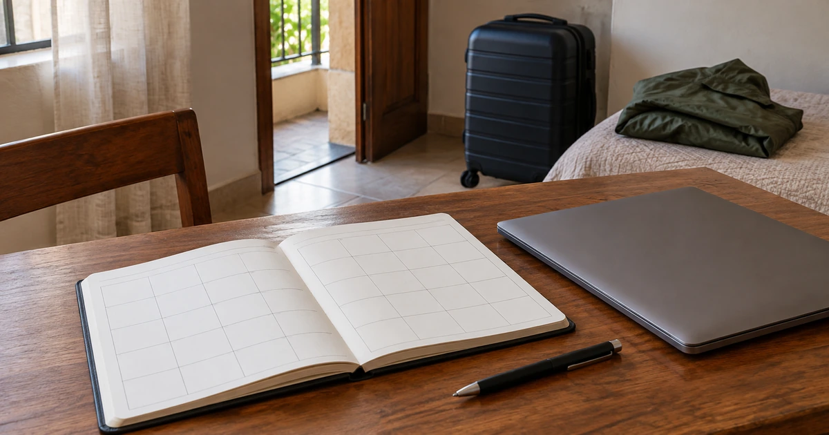 Blank planning calendar and packed suitcase in a Nigerian home