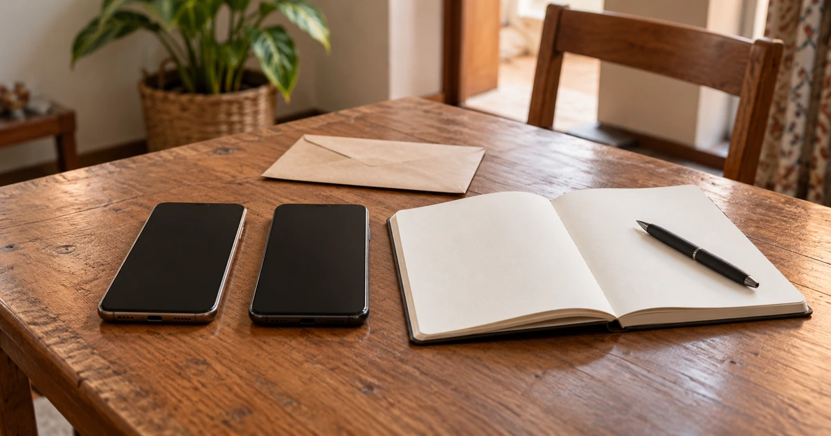 Two blank-screen phones beside a notebook for comparing remittance costs
