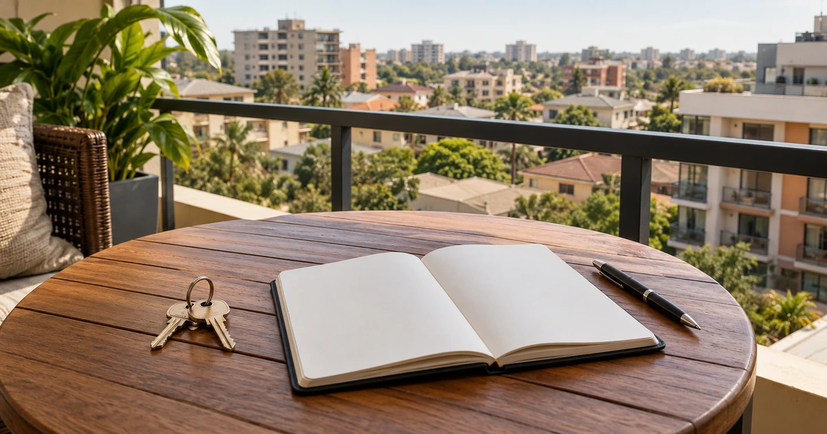 Keys and blank expense notebook overlooking an African residential neighborhood