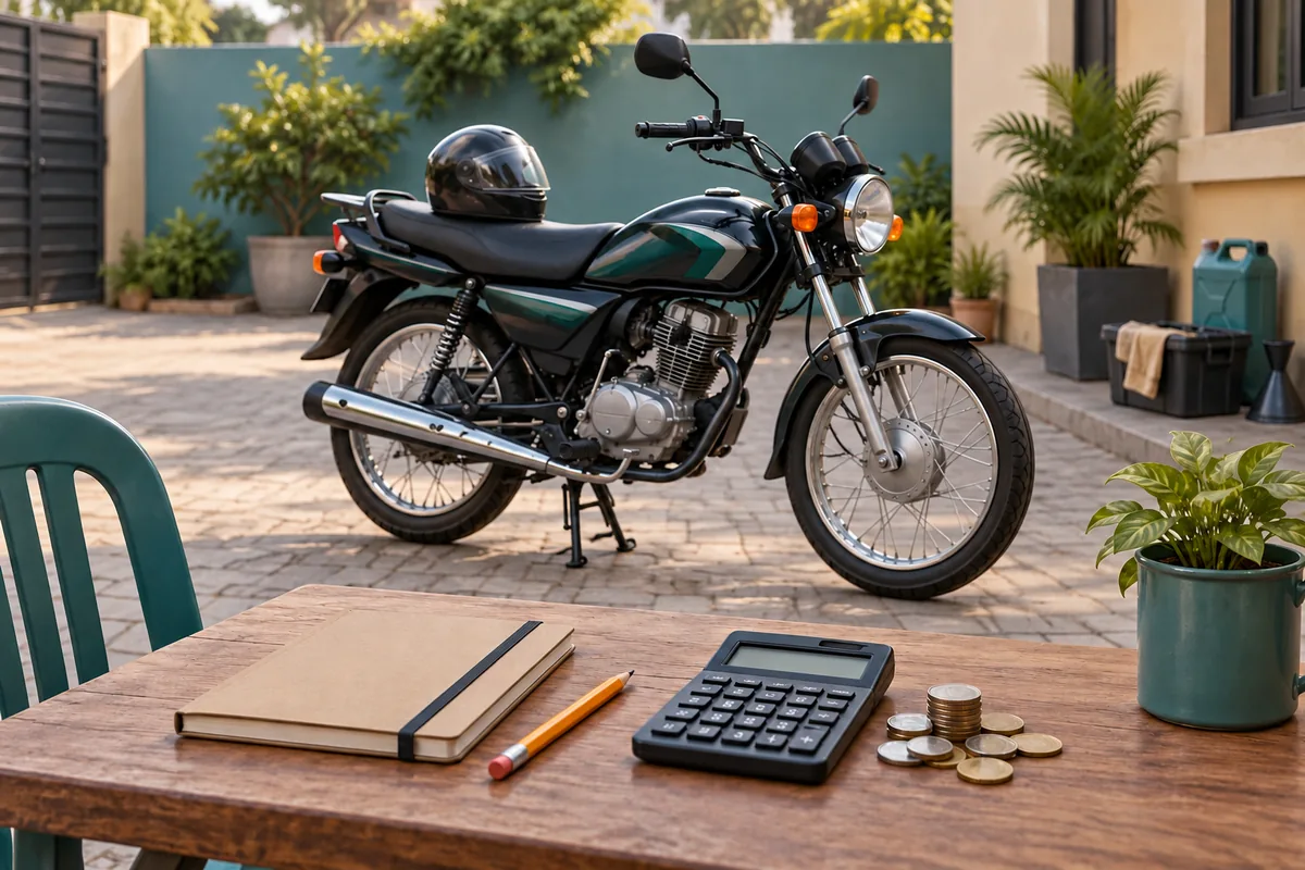 A parked commuter motorcycle and helmet beside a notebook, calculator and coins
