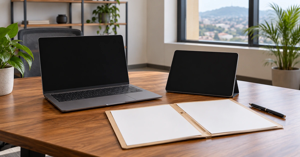 Blank-screen devices and papers on a Rwandan digital-service office desk